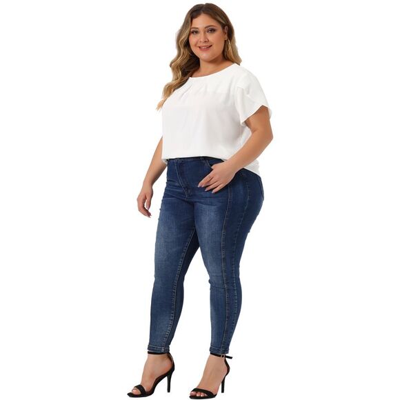 Plus Size Tops Women Round Neck Basic Pleated Top Tulip Sleeves Blouse White - Picture 3 of 6